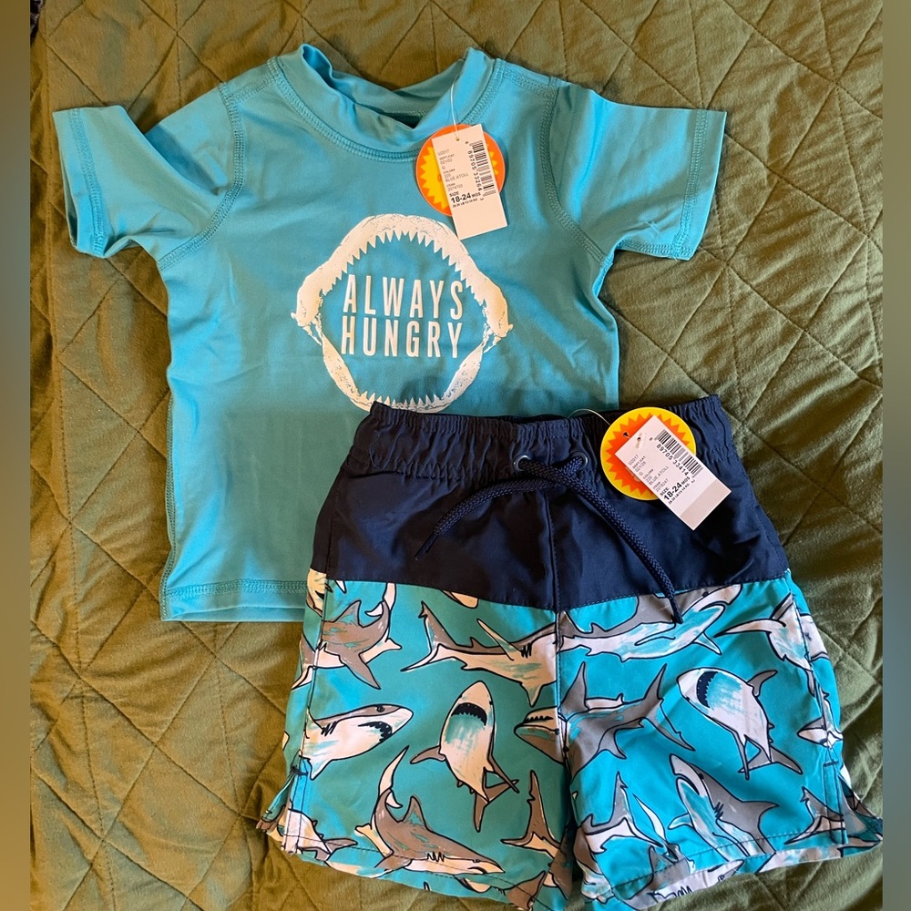 NWT Kids/Toddler Boys Shark Rash guard and Swimsuit- size 18-24 month